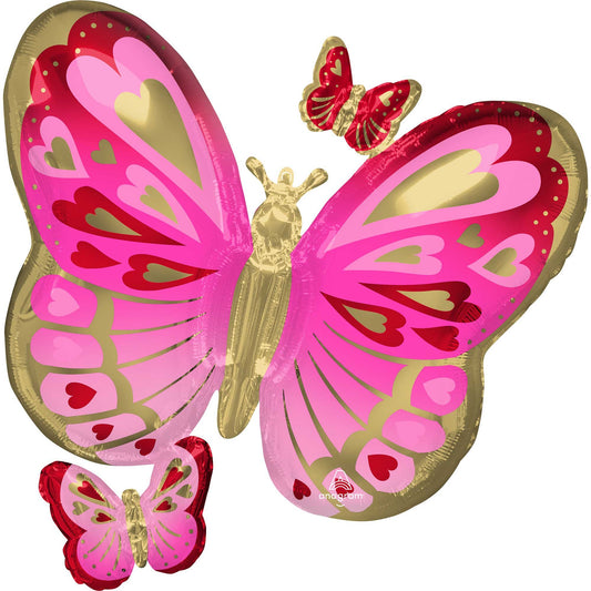 Red, Pink and Gold Butterfly Supershape Foil Balloon